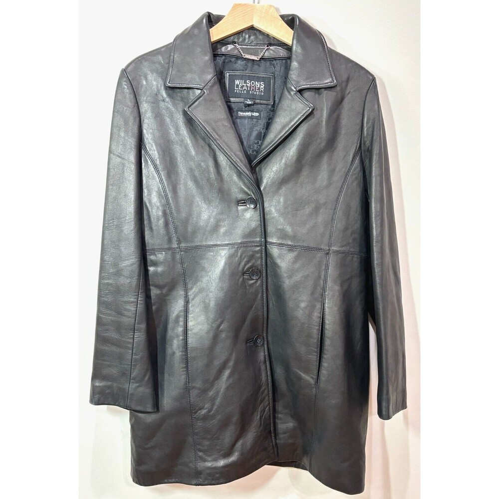 Wilsons Pelle Studio Black Leather Jacket Women Large Y2K Mid Length Baddie Moto
